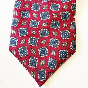 Wembley Neck Tie Silk Red Blue Geometric Medallion Made In USA Business Classic